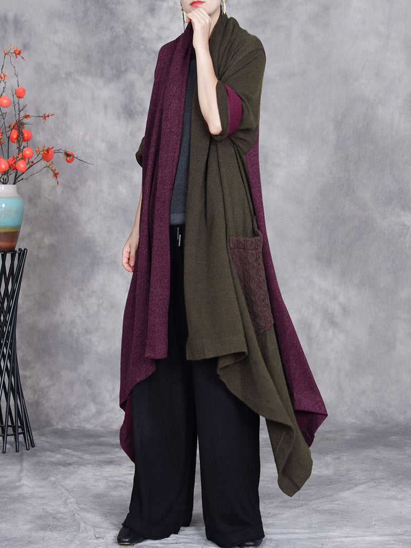 Autumn Artsy Irregular Colorblock V-neck Cardigan Coat Ba1057
