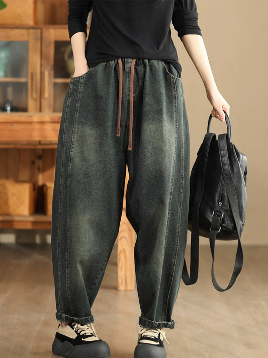 Autumn Retro Spliced Washed Denim Harem Pants Ba1064