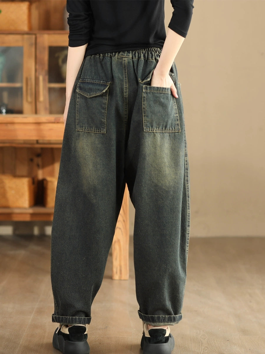 Autumn Retro Spliced Washed Denim Harem Pants Ba1064