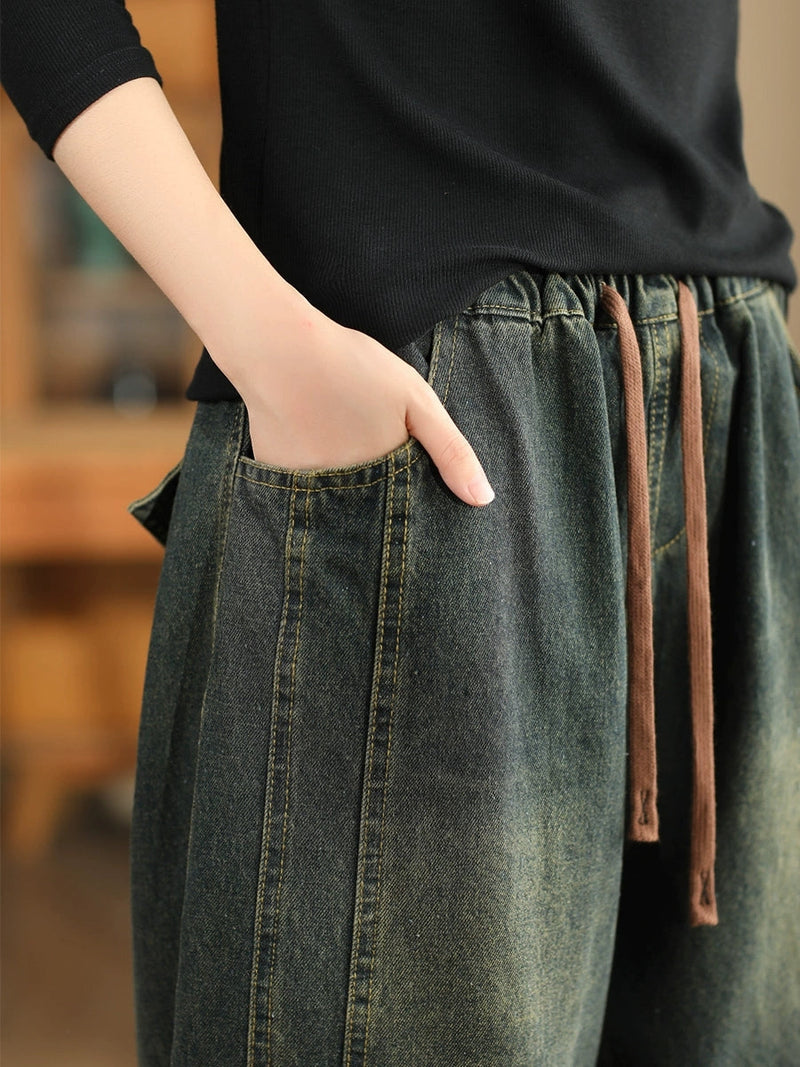 Autumn Retro Spliced Washed Denim Harem Pants Ba1064
