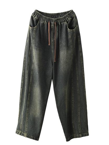 Autumn Retro Spliced Washed Denim Harem Pants Ba1064