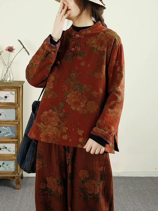 Autumn Flower Buckle Cotton Stand Collar Coat Ba1070