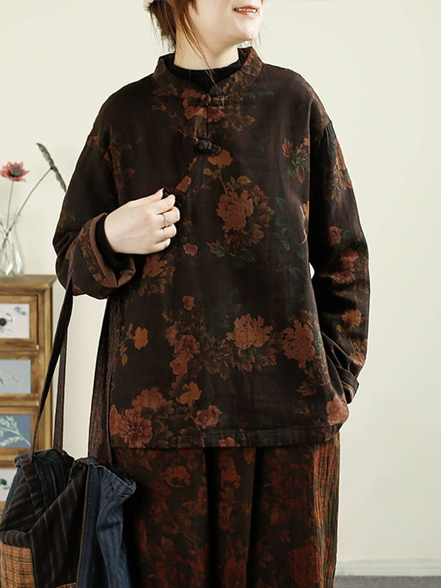 Autumn Flower Buckle Cotton Stand Collar Coat Ba1070