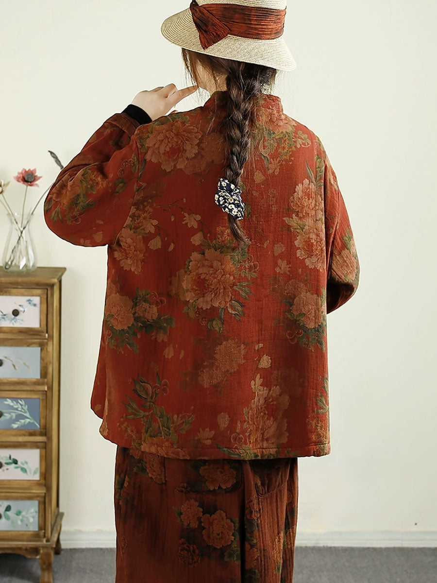 Autumn Flower Buckle Cotton Stand Collar Coat Ba1070