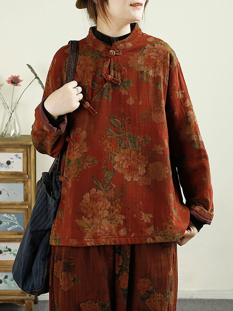 Autumn Flower Buckle Cotton Stand Collar Coat Ba1070