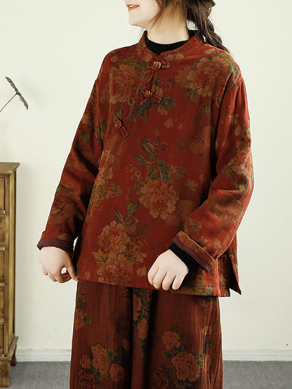 Autumn Flower Buckle Cotton Stand Collar Coat Ba1070