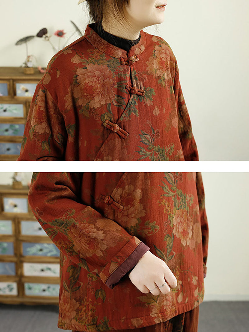 Autumn Flower Buckle Cotton Stand Collar Coat Ba1070