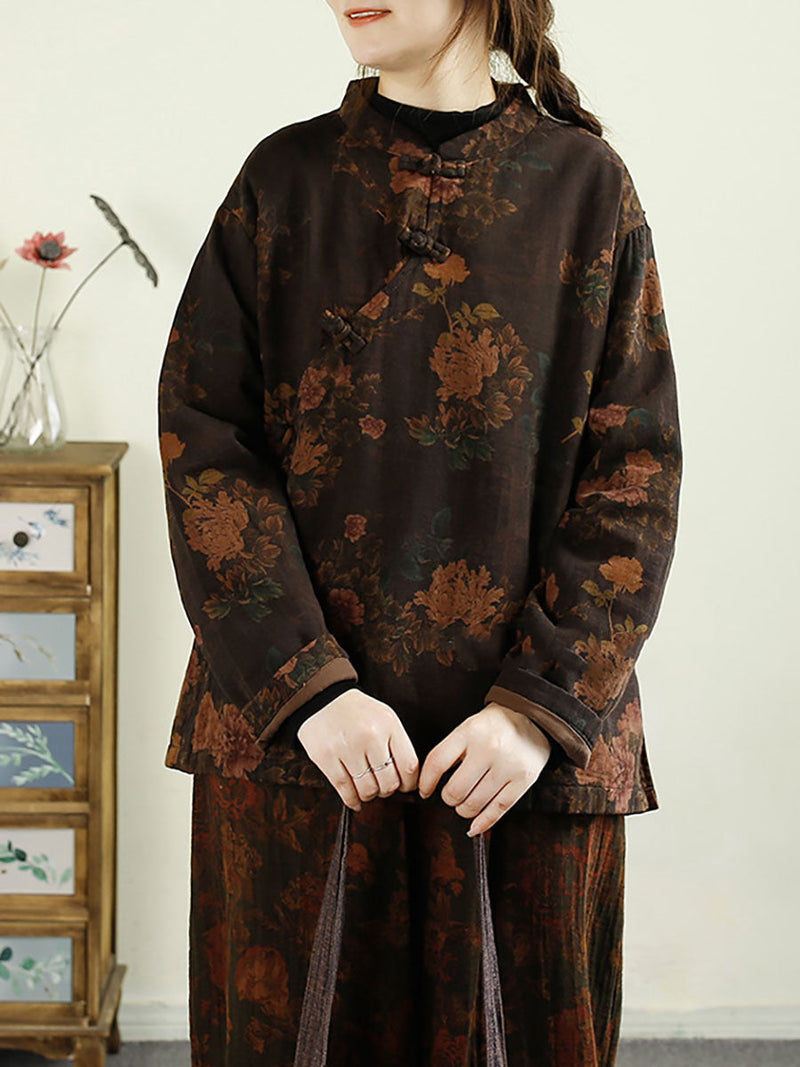 Autumn Flower Buckle Cotton Stand Collar Coat Ba1070