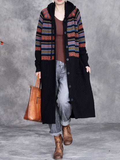 Autumn Artsy Stripe Hooded Knit Cardigan Coat Wg022