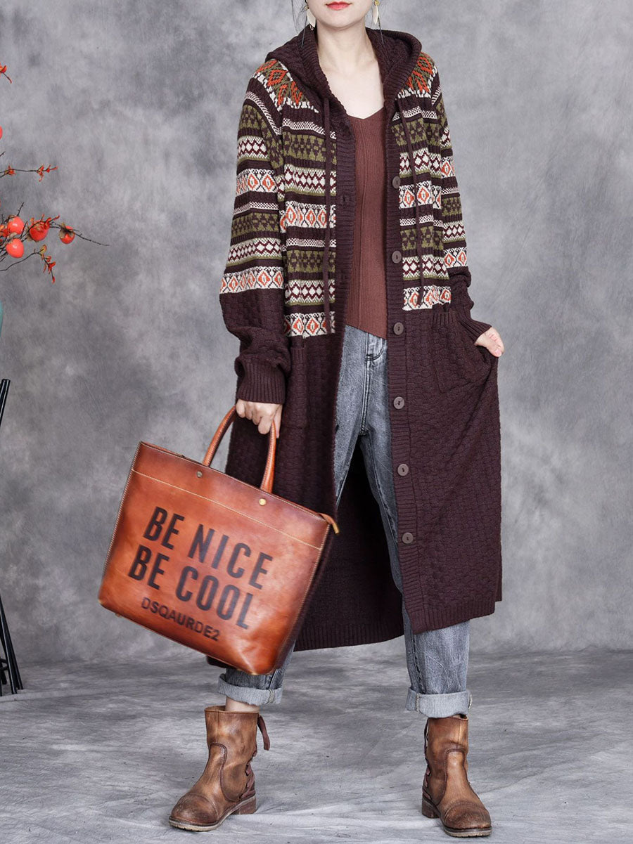 Autumn Artsy Stripe Hooded Knit Cardigan Coat Wg022