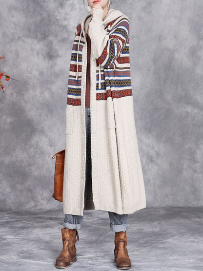 Autumn Artsy Stripe Hooded Knit Cardigan Coat Wg022
