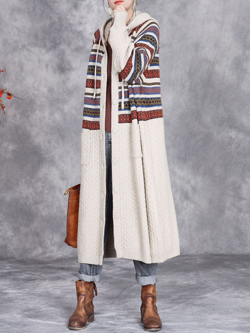 Autumn Artsy Stripe Hooded Knit Cardigan Coat Wg022