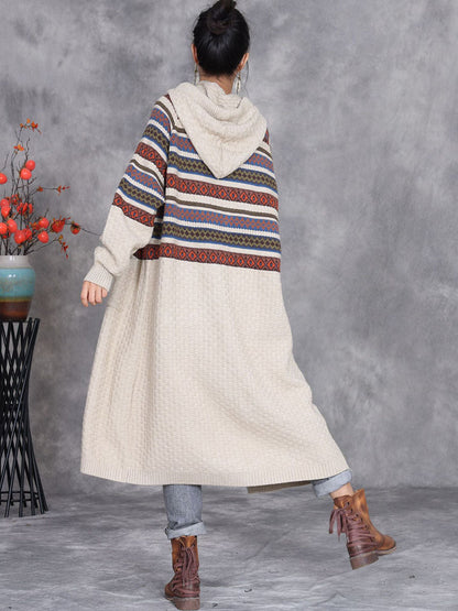 Autumn Artsy Stripe Hooded Knit Cardigan Coat Wg022