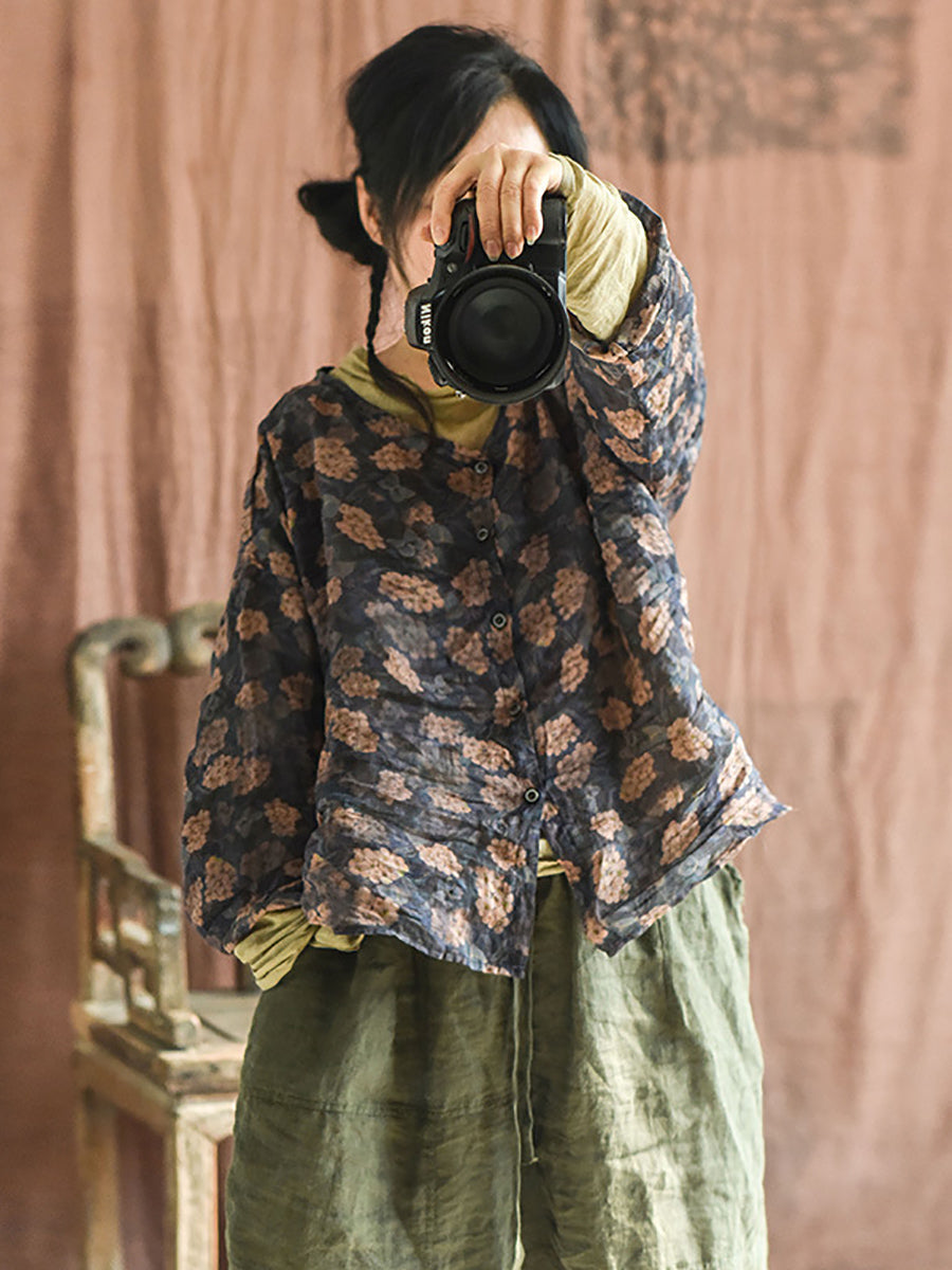 Autumn Artsy Ramie Button-up Blouse Qu033