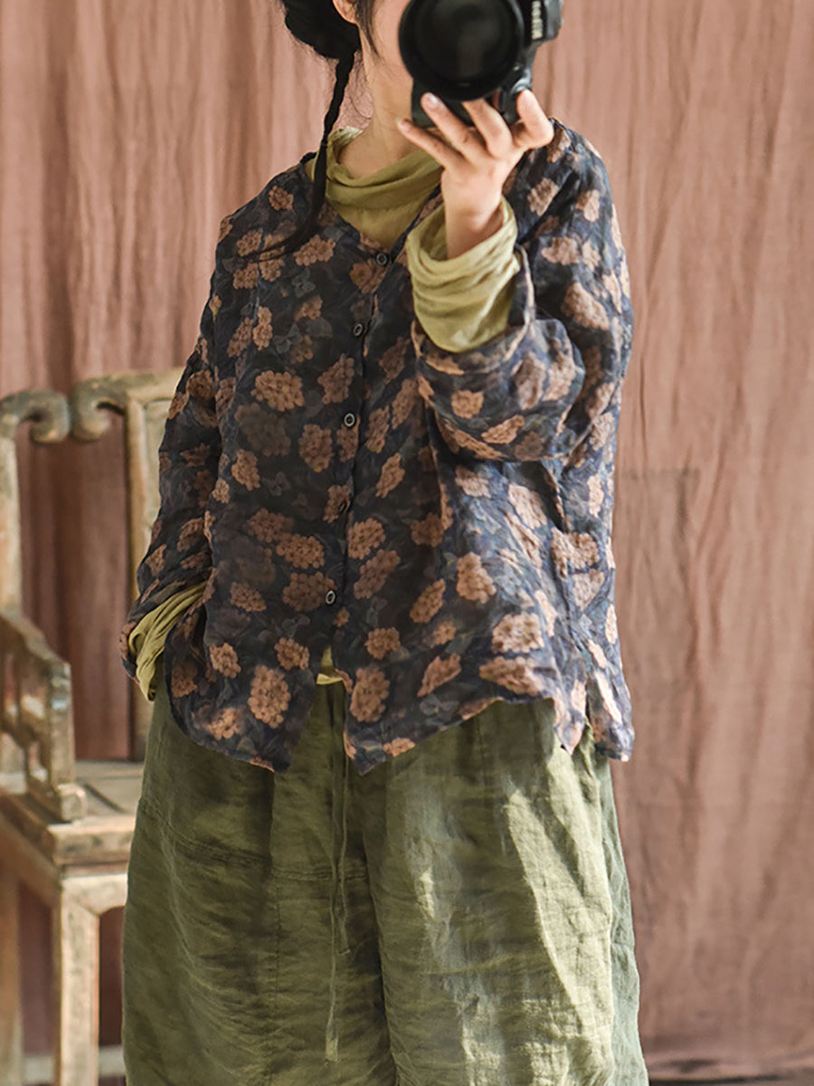 Autumn Artsy Ramie Button-up Blouse Qu033