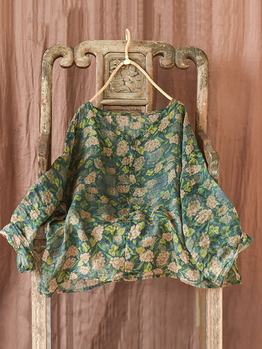 Autumn Artsy Ramie Button-up Blouse Qu033