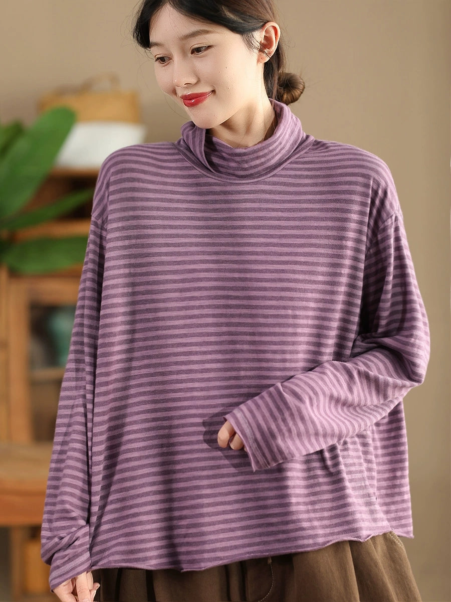 Autumn Stripe Turtleneck Cotton Blouse Qu029