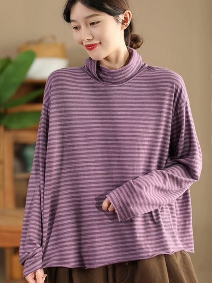 Autumn Stripe Turtleneck Cotton Blouse Qu029
