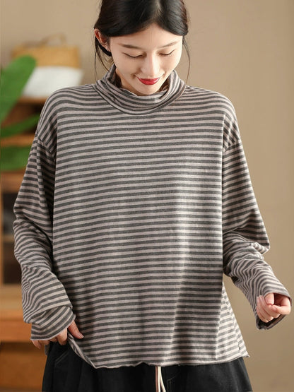 Autumn Stripe Turtleneck Cotton Blouse Qu029