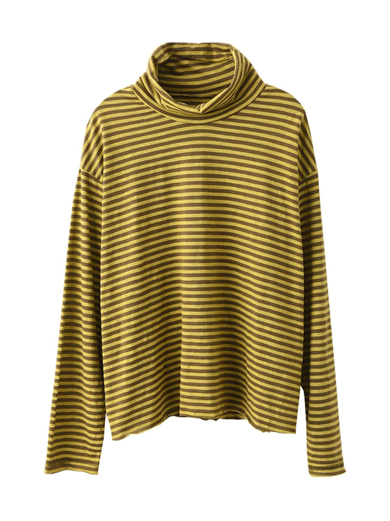 Autumn Stripe Turtleneck Cotton Blouse Qu029