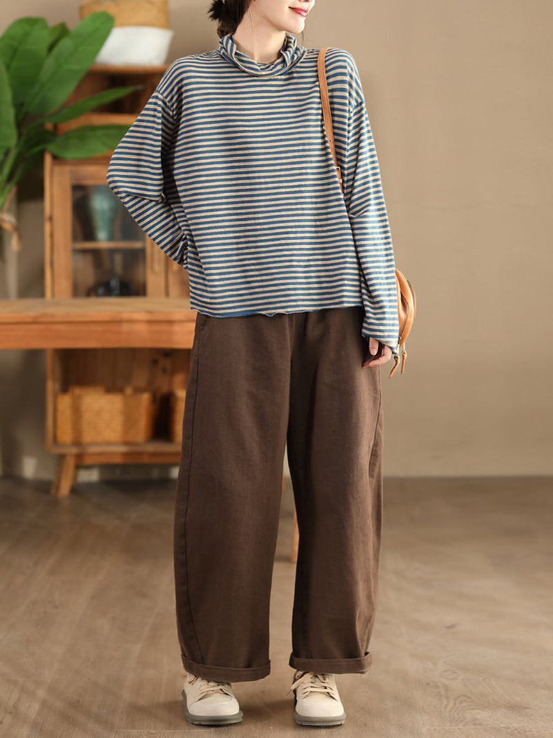 Autumn Stripe Turtleneck Cotton Blouse Qu029