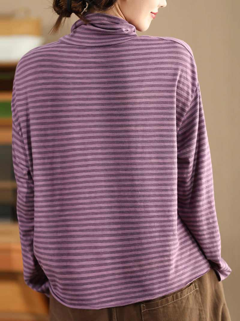 Autumn Stripe Turtleneck Cotton Blouse Qu029