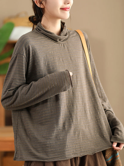 Autumn Stripe Turtleneck Cotton Blouse Qu029