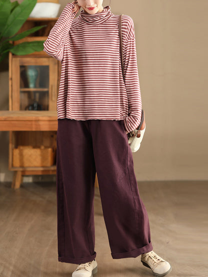 Autumn Stripe Turtleneck Cotton Blouse Qu029