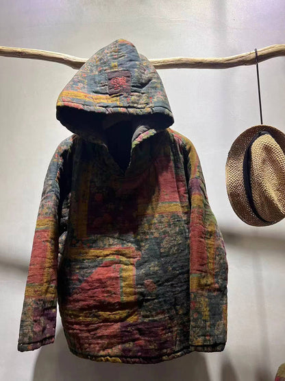 Autumn Patchwork Spliced Hooded Cotton Coat Qu009