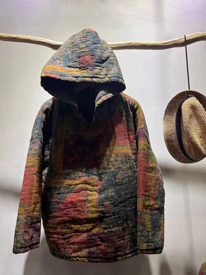 Autumn Patchwork Spliced Hooded Cotton Coat Qu009