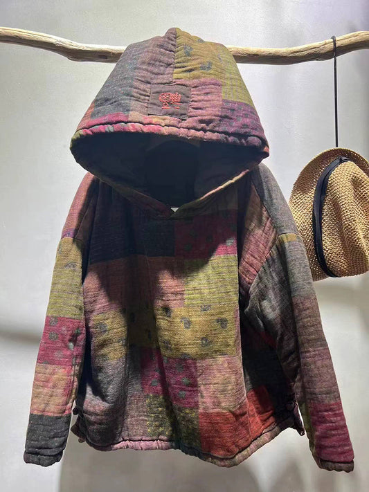 Autumn Patchwork Spliced Hooded Cotton Coat Qu009