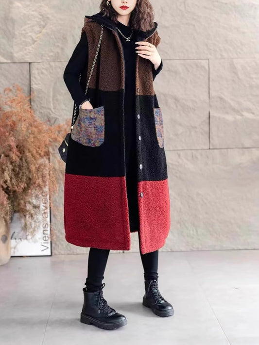 Winter Fleece Colorblock Hooded Vest Coat Wg018