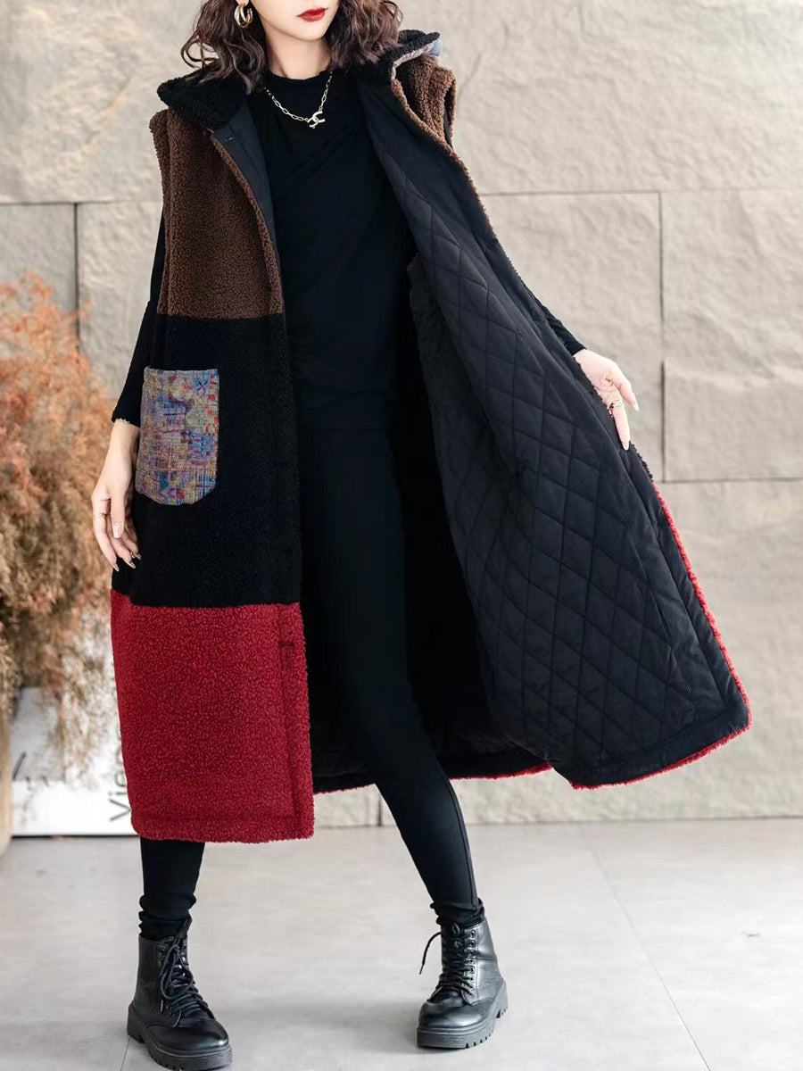 Winter Fleece Colorblock Hooded Vest Coat Wg018