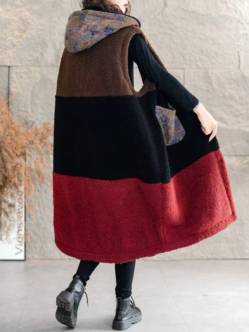 Winter Fleece Colorblock Hooded Vest Coat Wg018