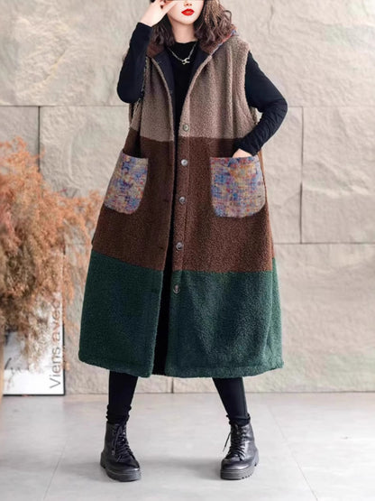 Winter Fleece Colorblock Hooded Vest Coat Wg018
