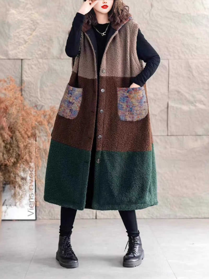 Winter Fleece Colorblock Hooded Vest Coat Wg018