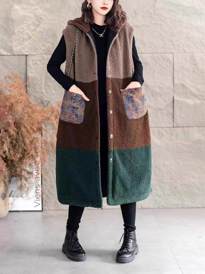 Winter Fleece Colorblock Hooded Vest Coat Wg018