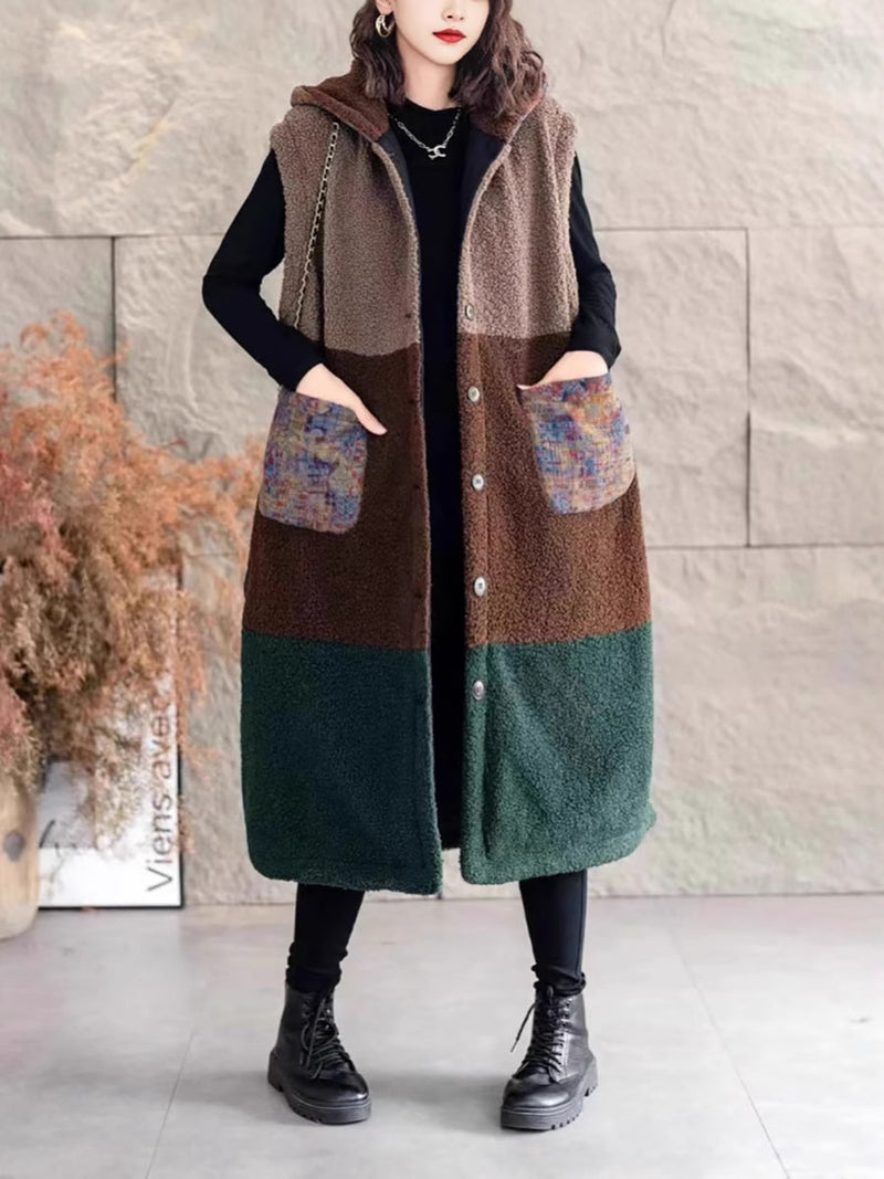 Winter Fleece Colorblock Hooded Vest Coat Wg018
