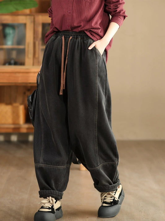 Winter Retro Denim Fleece-lined Harem Pants Wg002