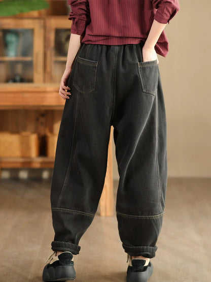 Winter Retro Denim Fleece-lined Harem Pants Wg002