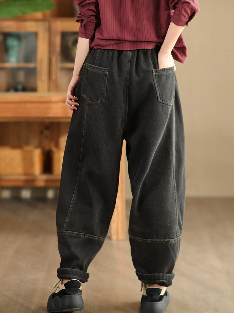 Winter Retro Denim Fleece-lined Harem Pants Wg002
