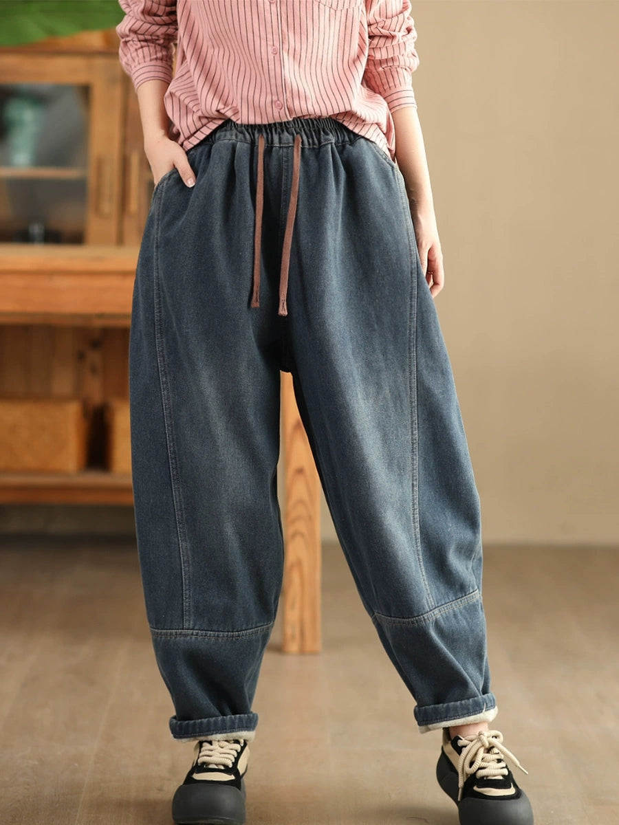 Winter Retro Denim Fleece-lined Harem Pants Wg002
