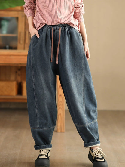 Winter Retro Denim Fleece-lined Harem Pants Wg002