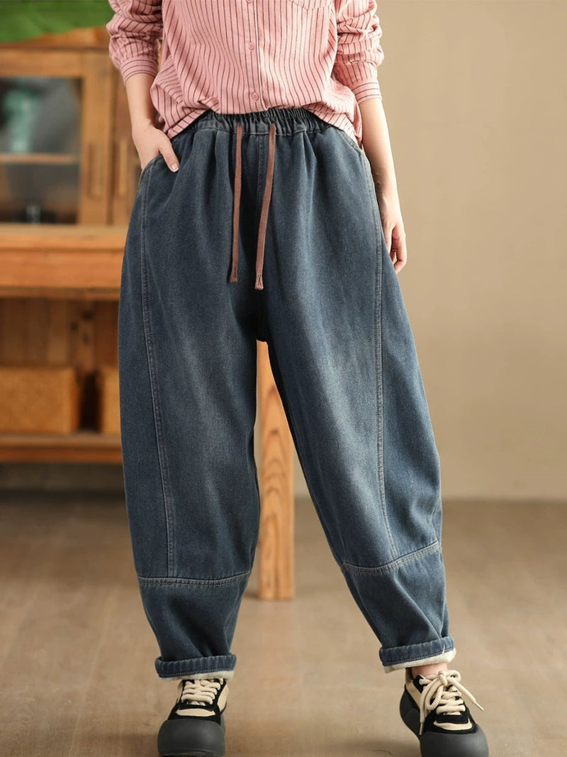 Winter Retro Denim Fleece-lined Harem Pants Wg002