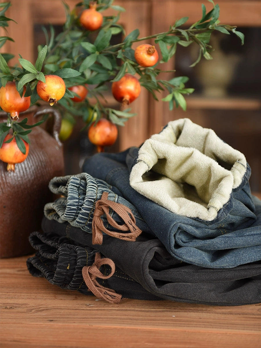 Winter Retro Denim Fleece-lined Harem Pants Wg002