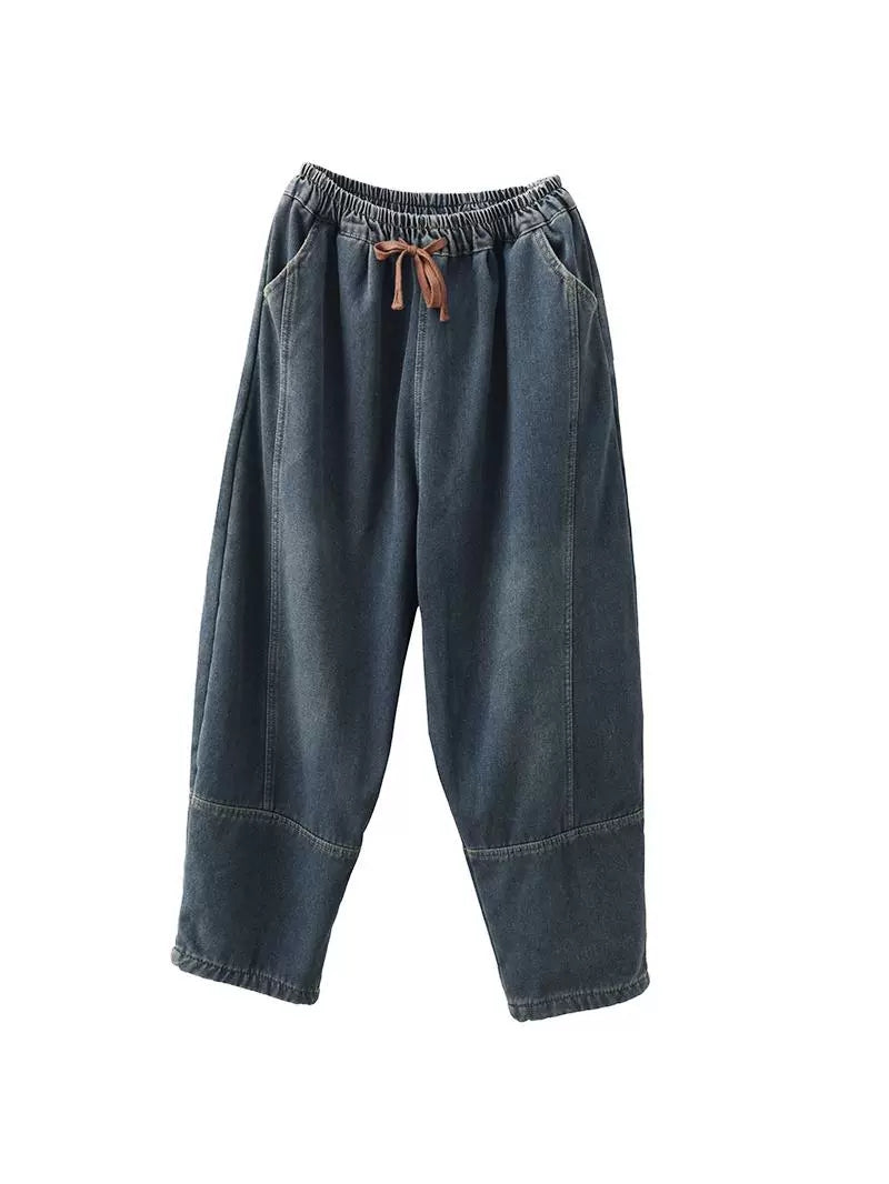 Winter Retro Denim Fleece-lined Harem Pants Wg002