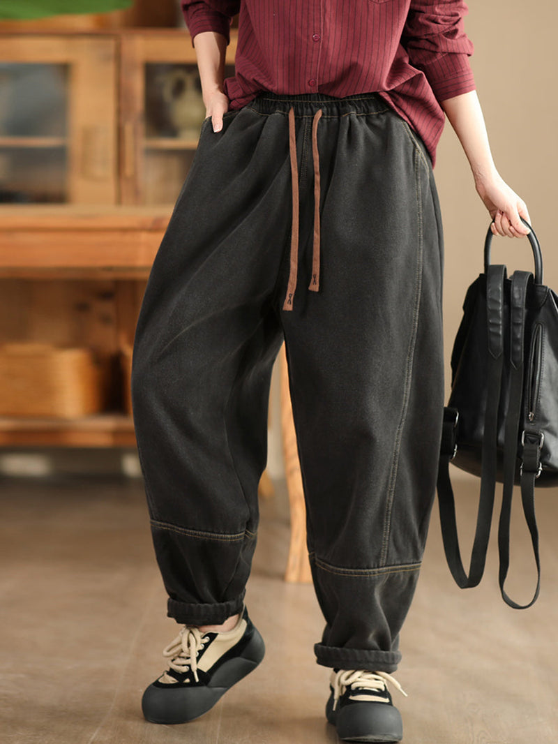 Winter Retro Denim Fleece-lined Harem Pants Wg002