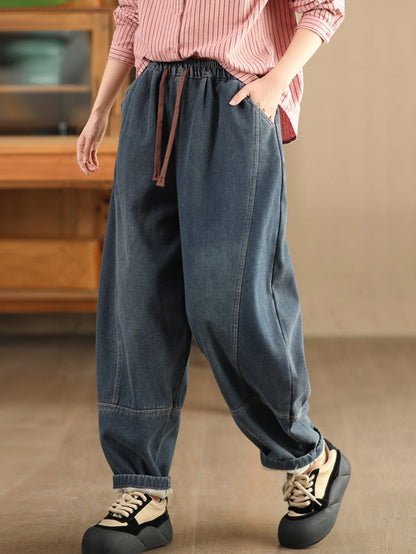 Winter Retro Denim Fleece-lined Harem Pants Wg002