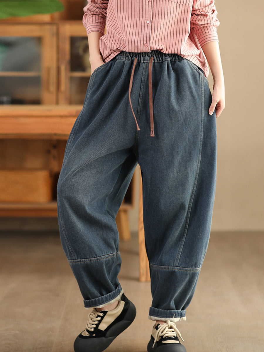 Winter Retro Denim Fleece-lined Harem Pants Wg002