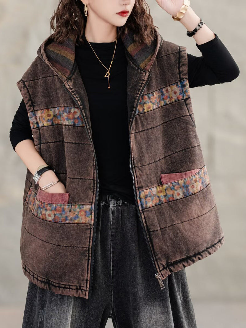 Retro Spliced Hooded Cotton Padded Vest Coat Wg007